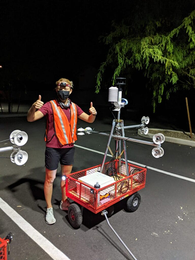 Young man wearing a mask outdoors in the dark with thermal equipment