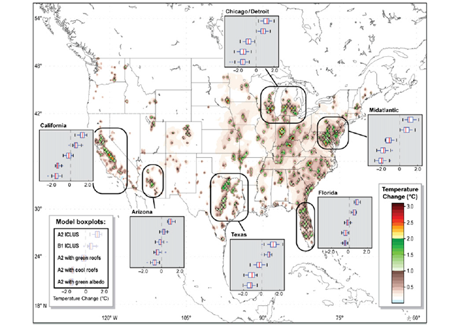 Map of the United States about urban growth and urban warming