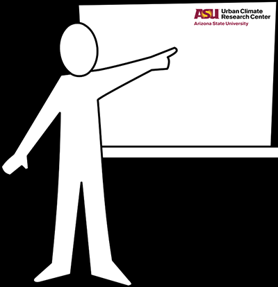 Graphic of a figure pointing at the Urban Climate Research Center logo